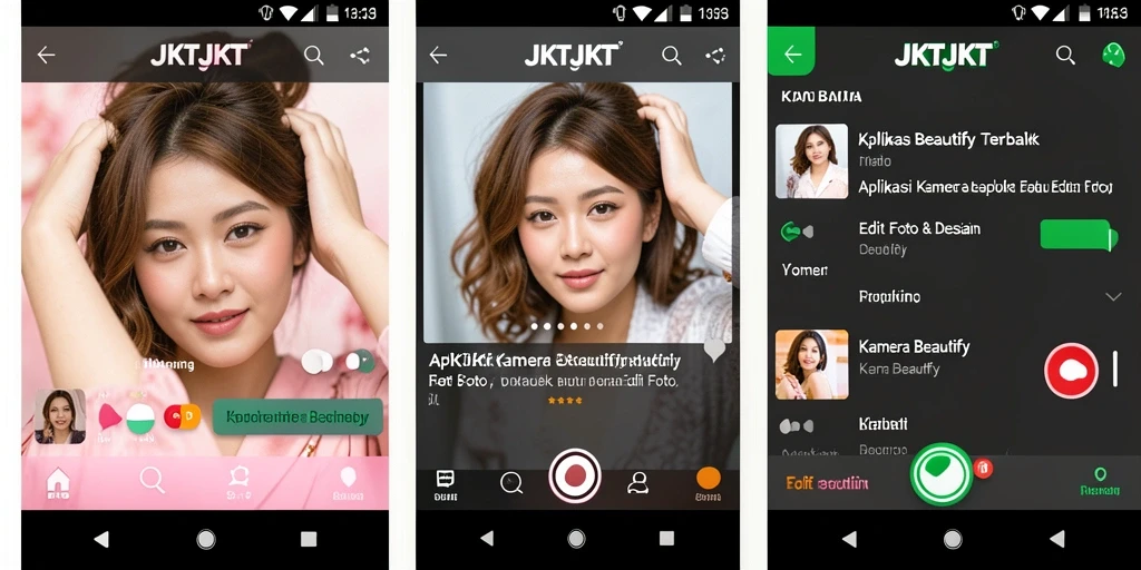 Antarmuka aplikasi JKTJKT yang menampilkan alat edit foto dan efek beautifying.