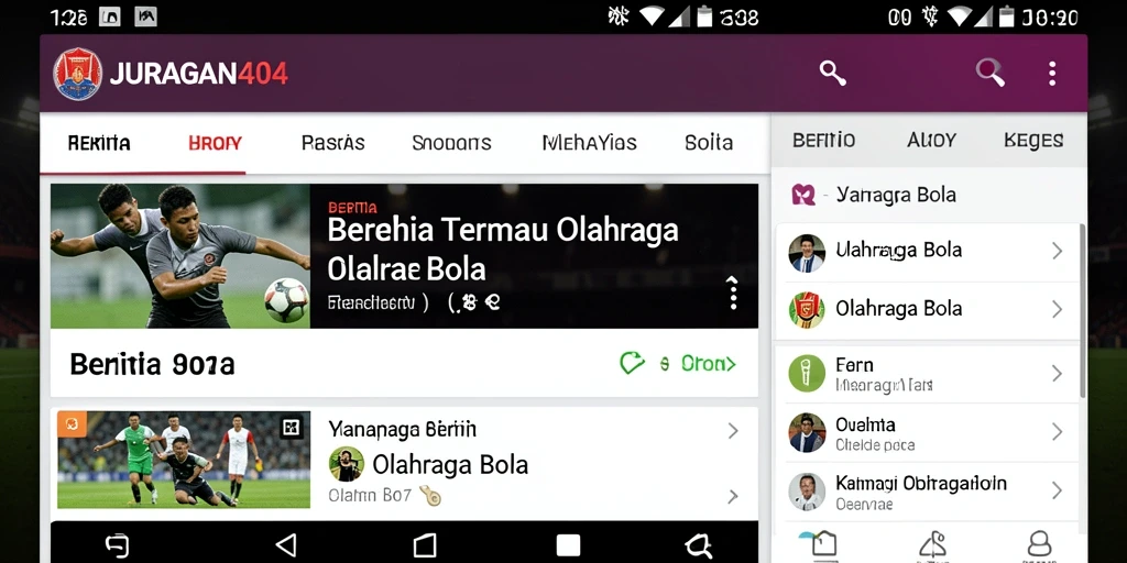 Antarmuka aplikasi JURAGAN404 yang menampilkan berbagai berita olahraga bola.