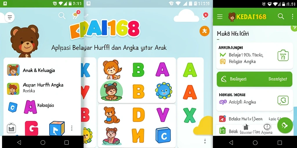 Tampilan antarmuka KEDAI168 yang mendukung belajar huruf dan angka.