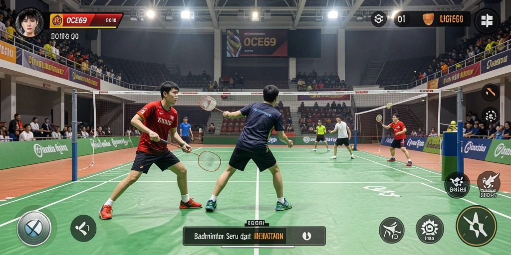 Antarmuka OCE69 menampilkan grafik badminton yang memukau.