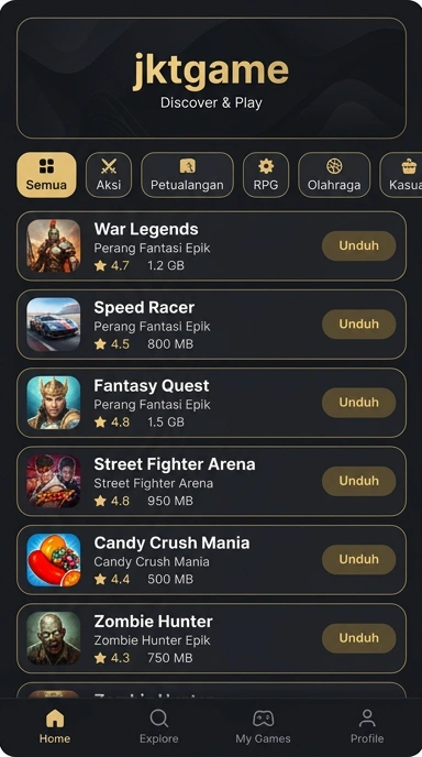 Tampilan katalog aplikasi jktgame
